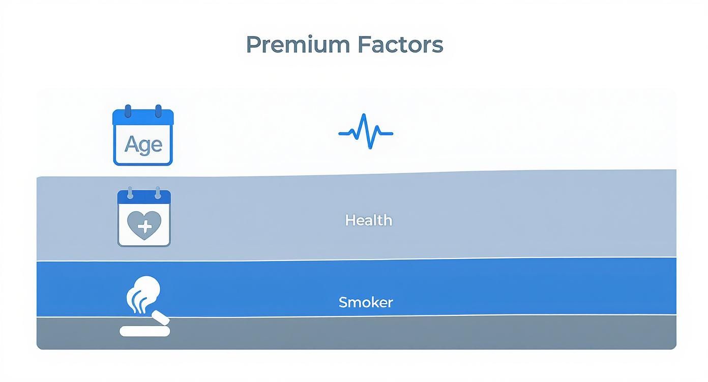 Infographic showing premium factors including age, health status, and smoking status for life insurance