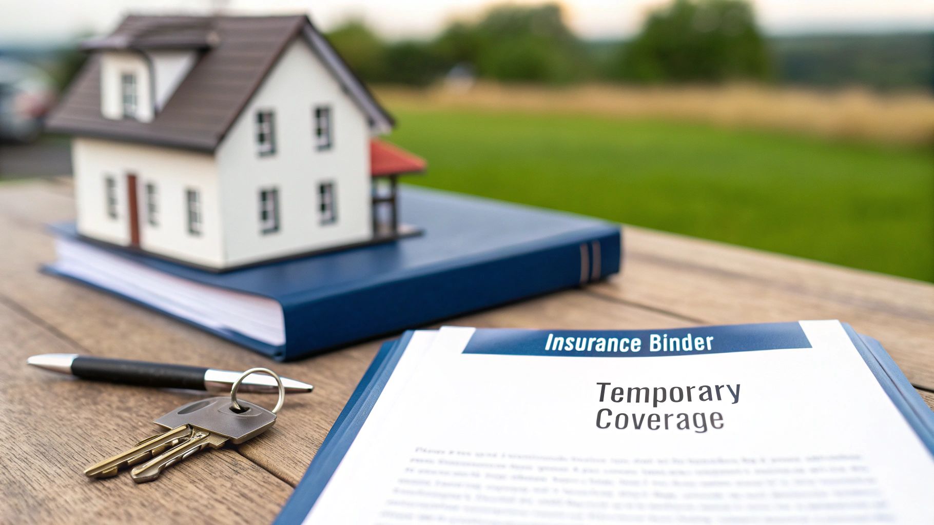 A miniature house model on a blue book with keys, a pen, and an insurance binder document on a table.