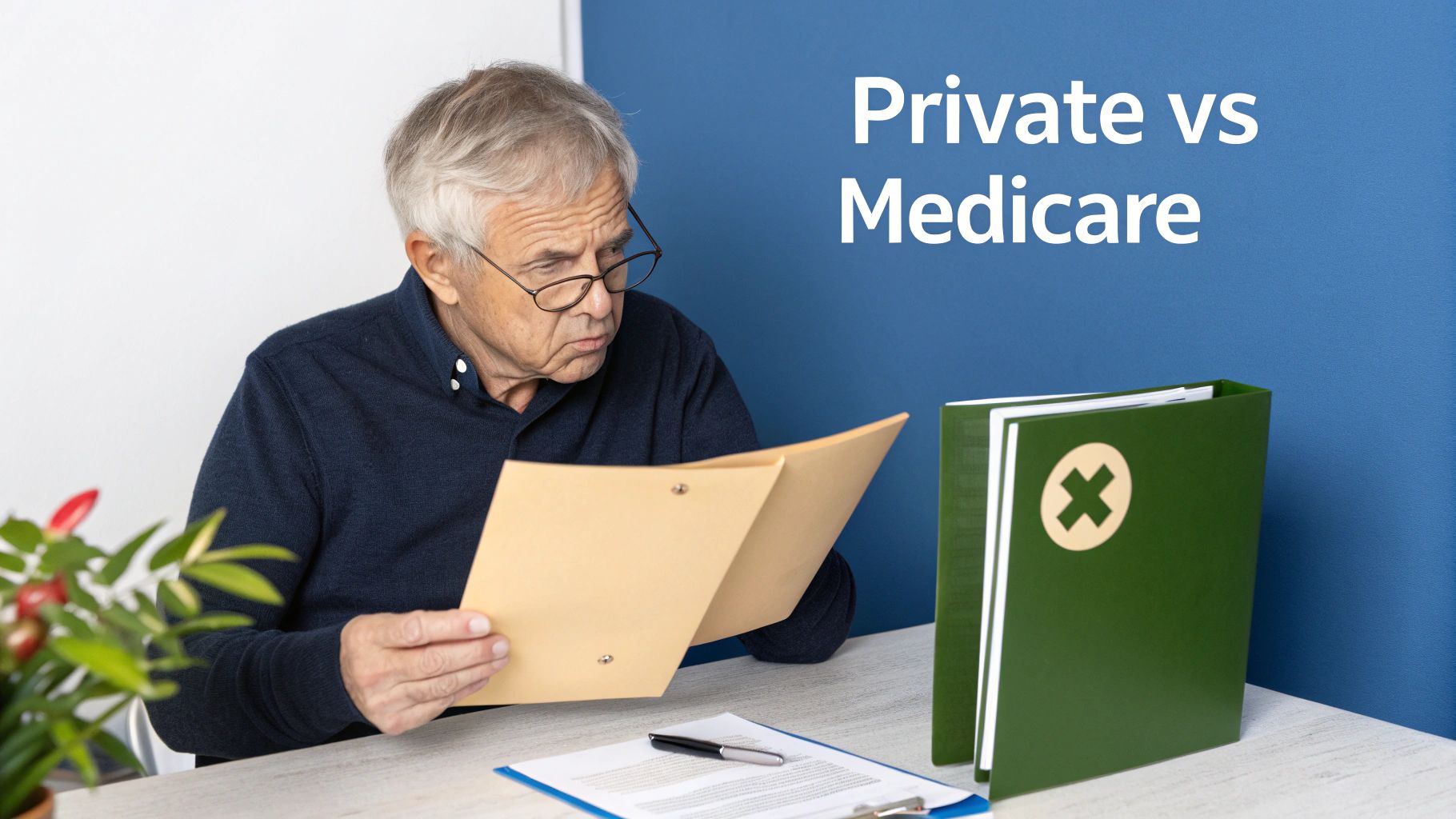 An older man with glasses intently studies documents comparing Private vs Medicare health plans.