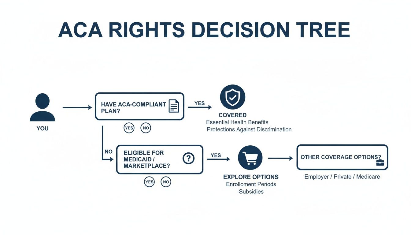 A flowchart illustrating the ACA rights decision tree for health insurance coverage options and eligibility.