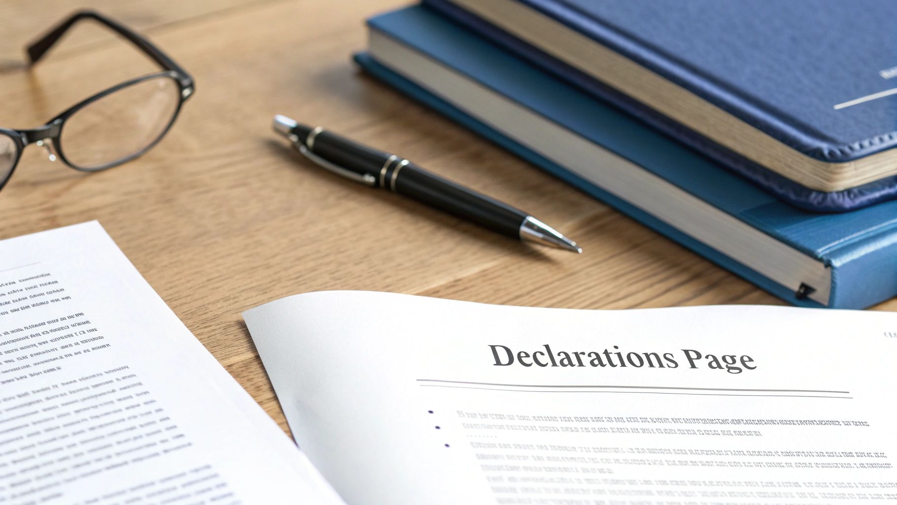 A close-up of a 'Declarations Page' document on a wooden desk with glasses, a pen, and blue books.