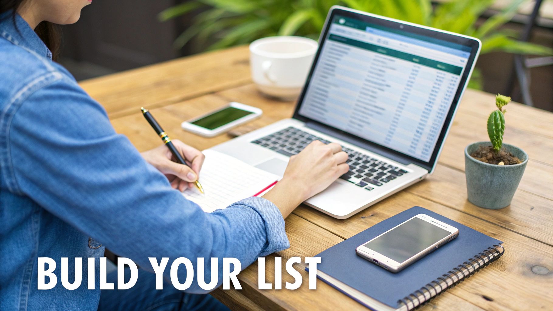 A person works at a wooden desk, writing in a notebook and typing on a silver laptop.