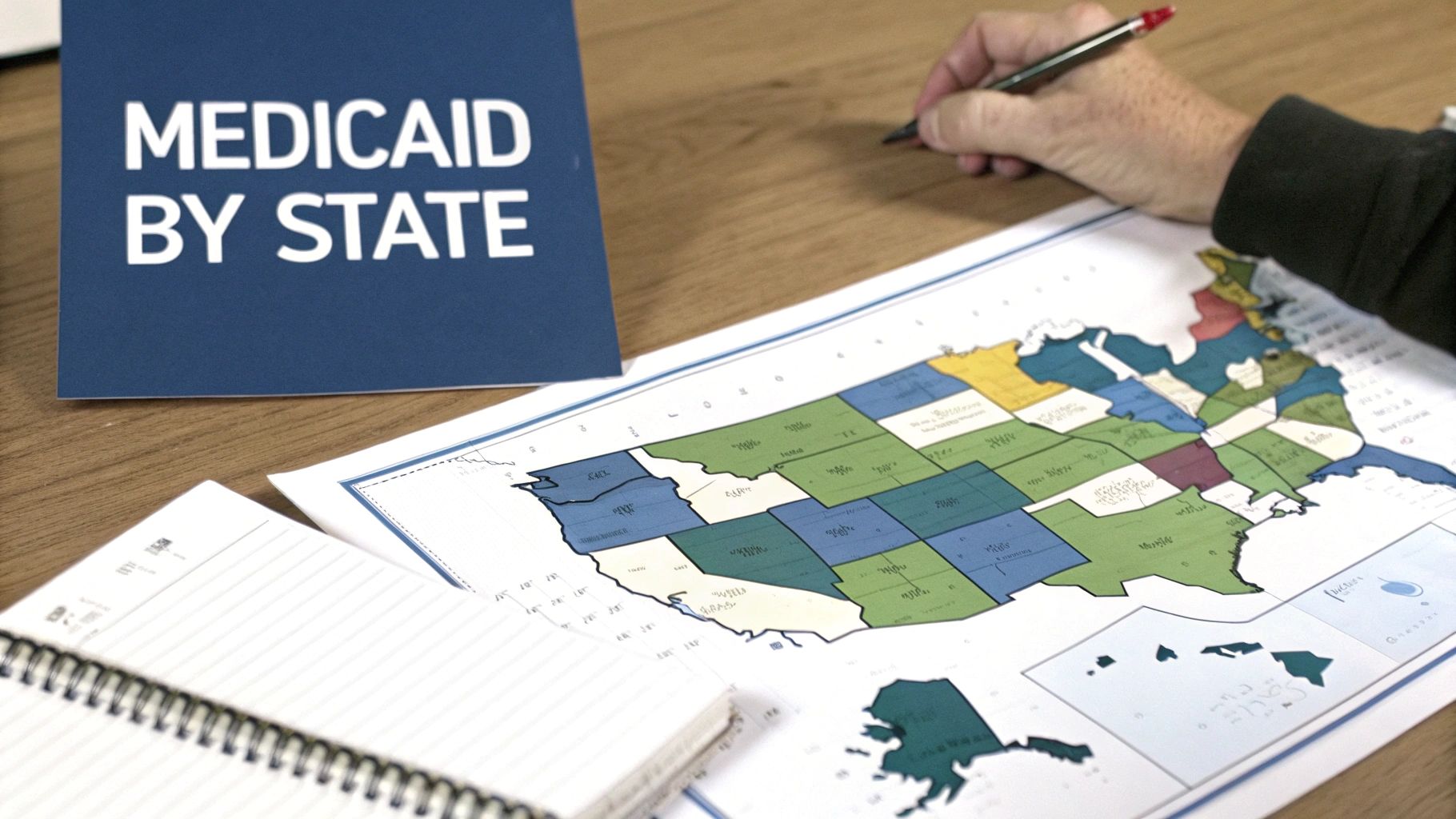 A person studies a colorful US map with a 'Medicaid by State' sign, highlighting healthcare analysis.