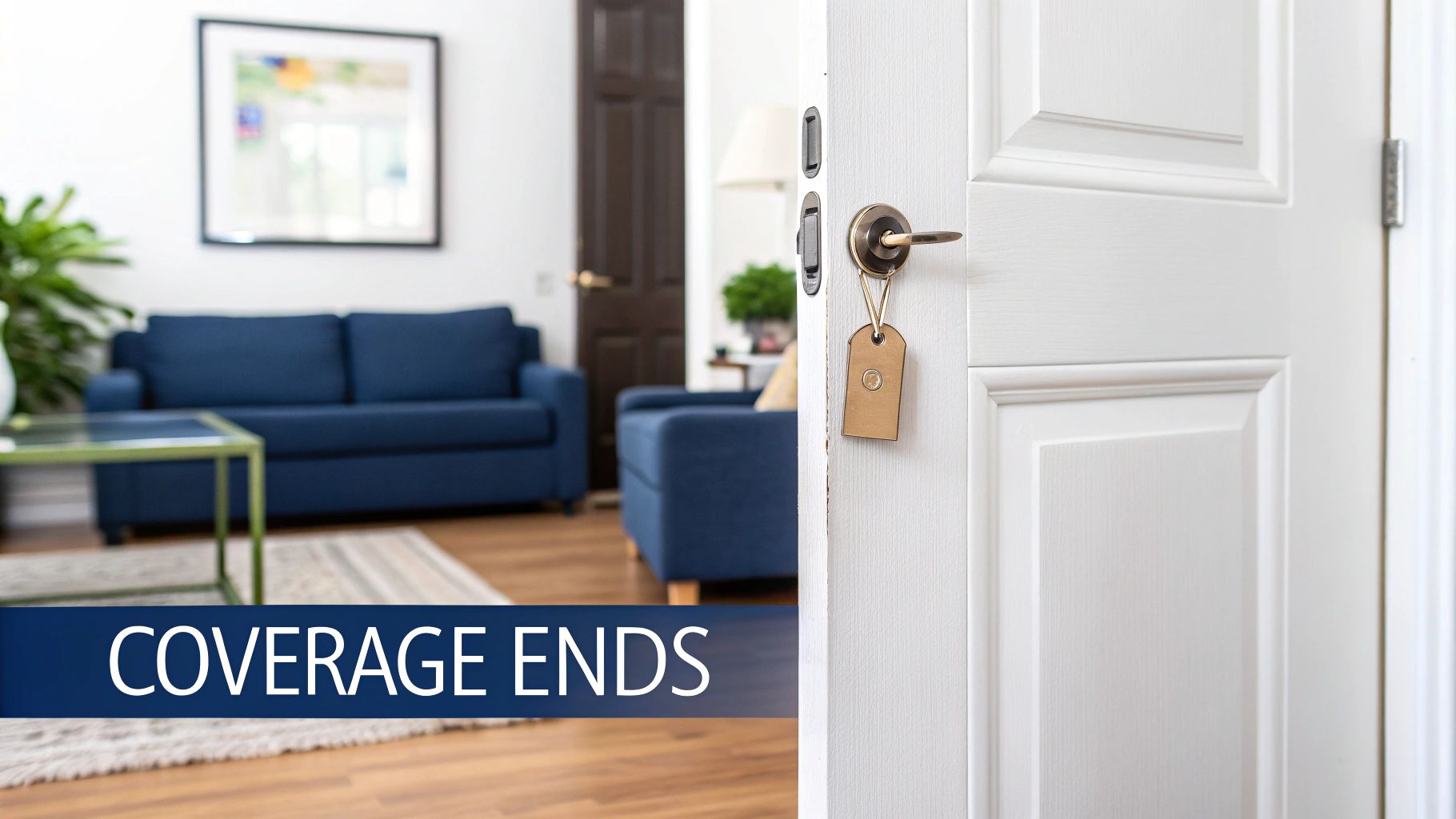 An open white door with a key on the doorknob, revealing a living room and the text 'COVERAGE ENDS'.
