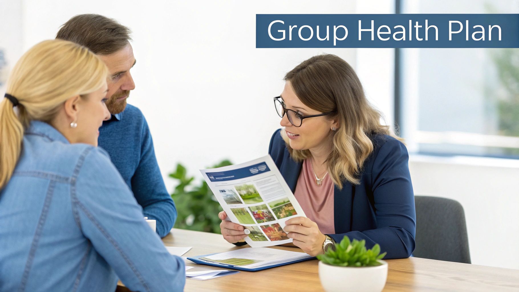 An insurance agent discusses a group health plan with a smiling couple at a table.