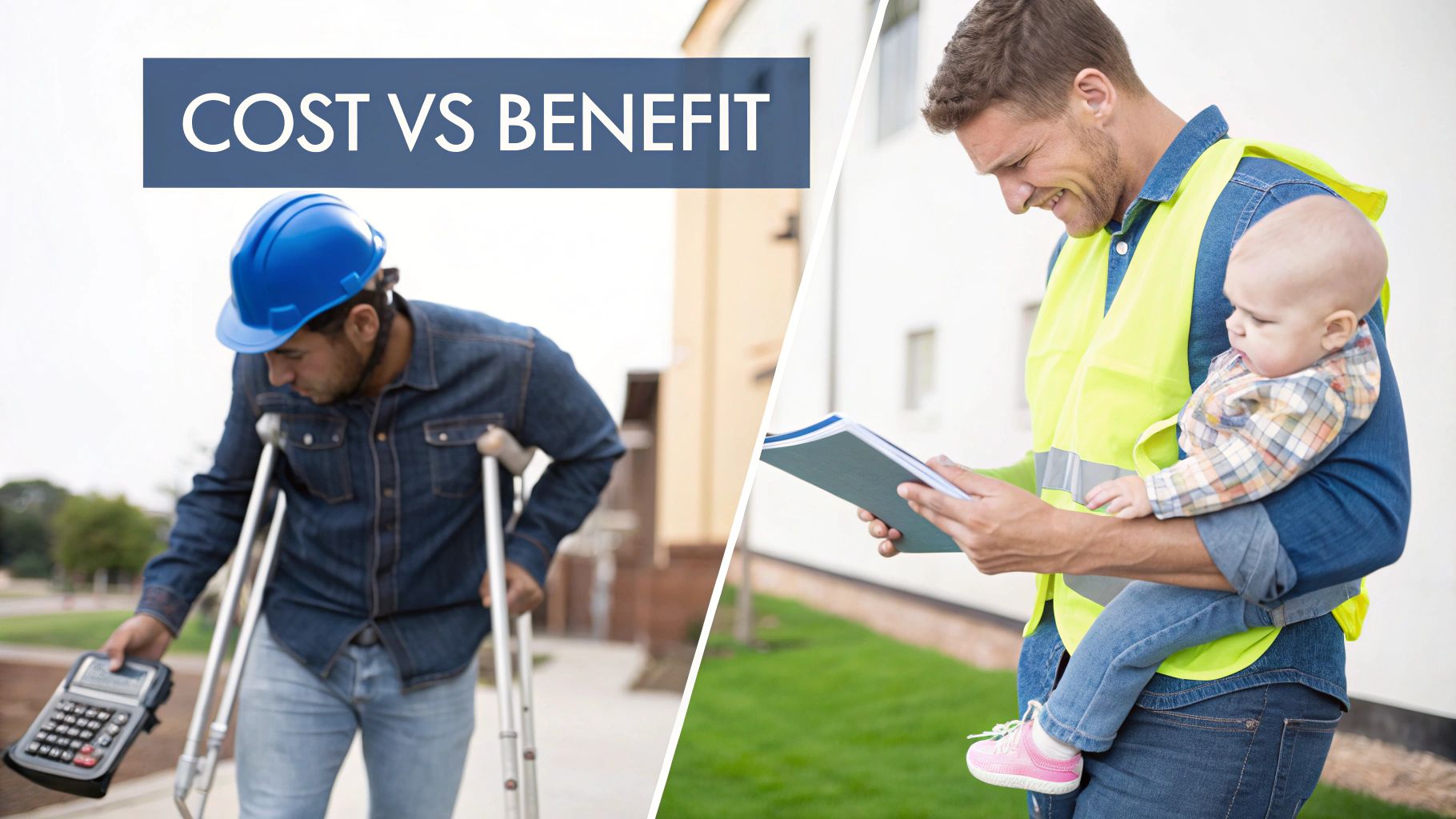 A split image contrasting a man on crutches calculating costs with a healthy man holding a baby and documents, representing benefits.