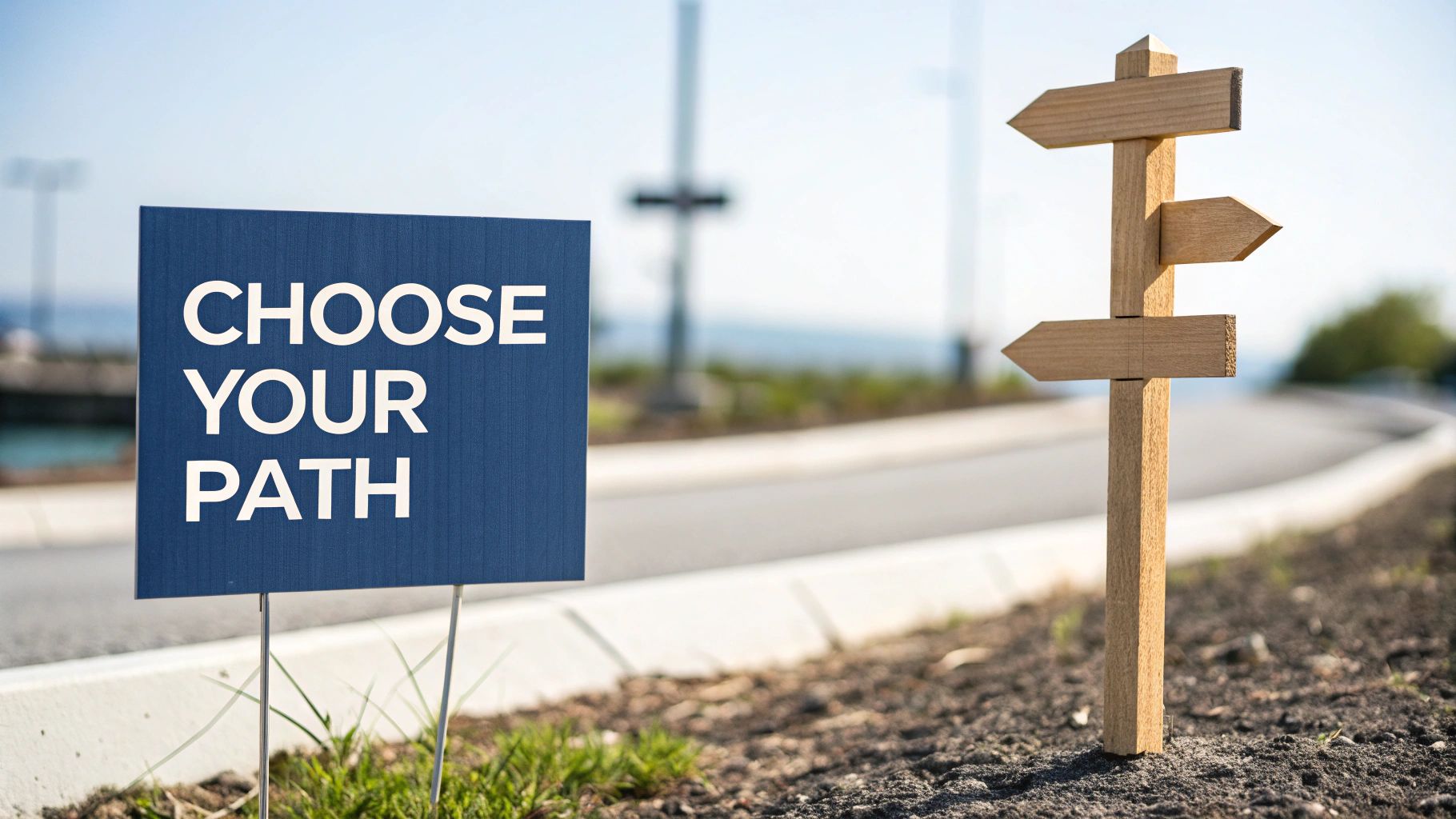 A blue sign saying 'CHOOSE YOUR PATH' stands beside a wooden signpost with three blank directional arrows, next to a road.