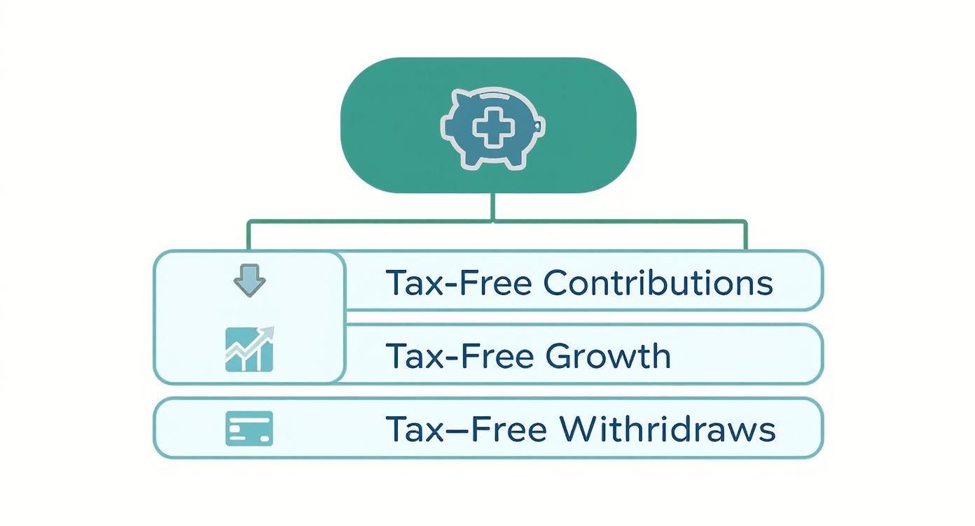 Health Savings Account triple tax advantage diagram showing tax-free contributions, growth, and withdrawals with piggy bank icon