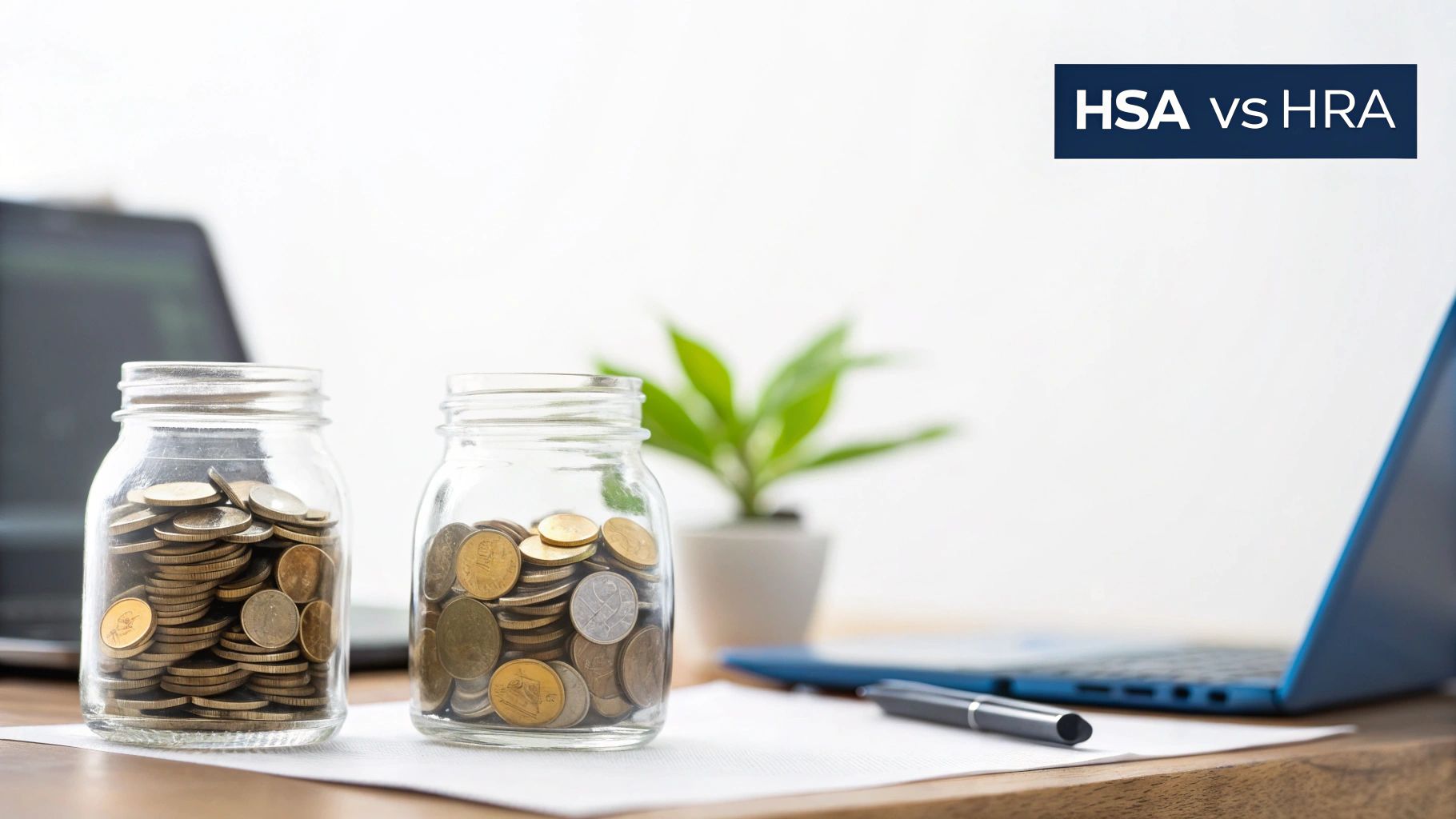 Two coin jars on a wooden desk, symbolizing financial comparisons for HSA vs HRA.