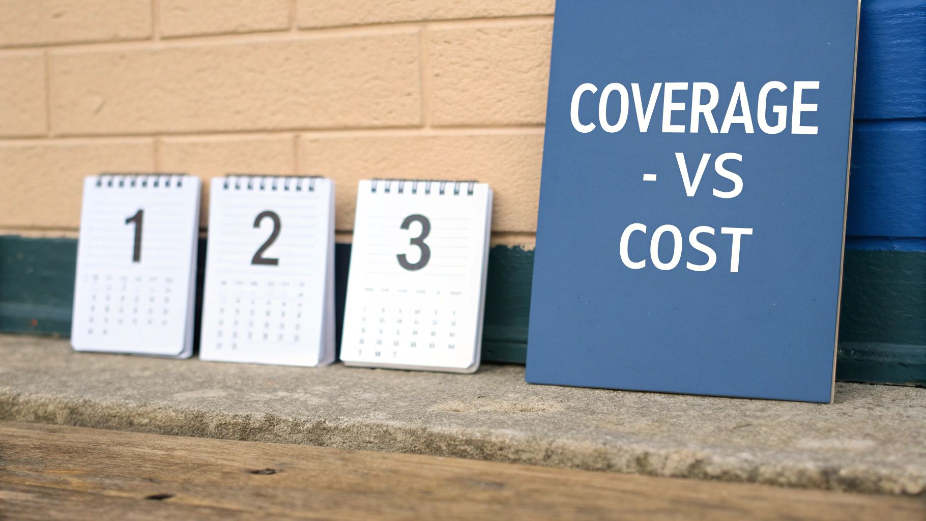 Calendar pages numbered one two three next to blue sign showing coverage versus cost comparison