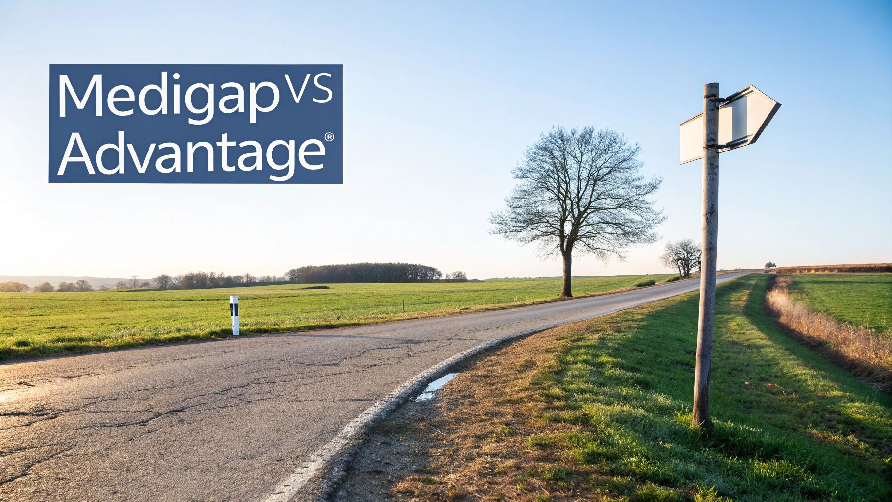 A rural road through green fields with a signpost and a bare tree, featuring 'Medigap VS Advantage' text.