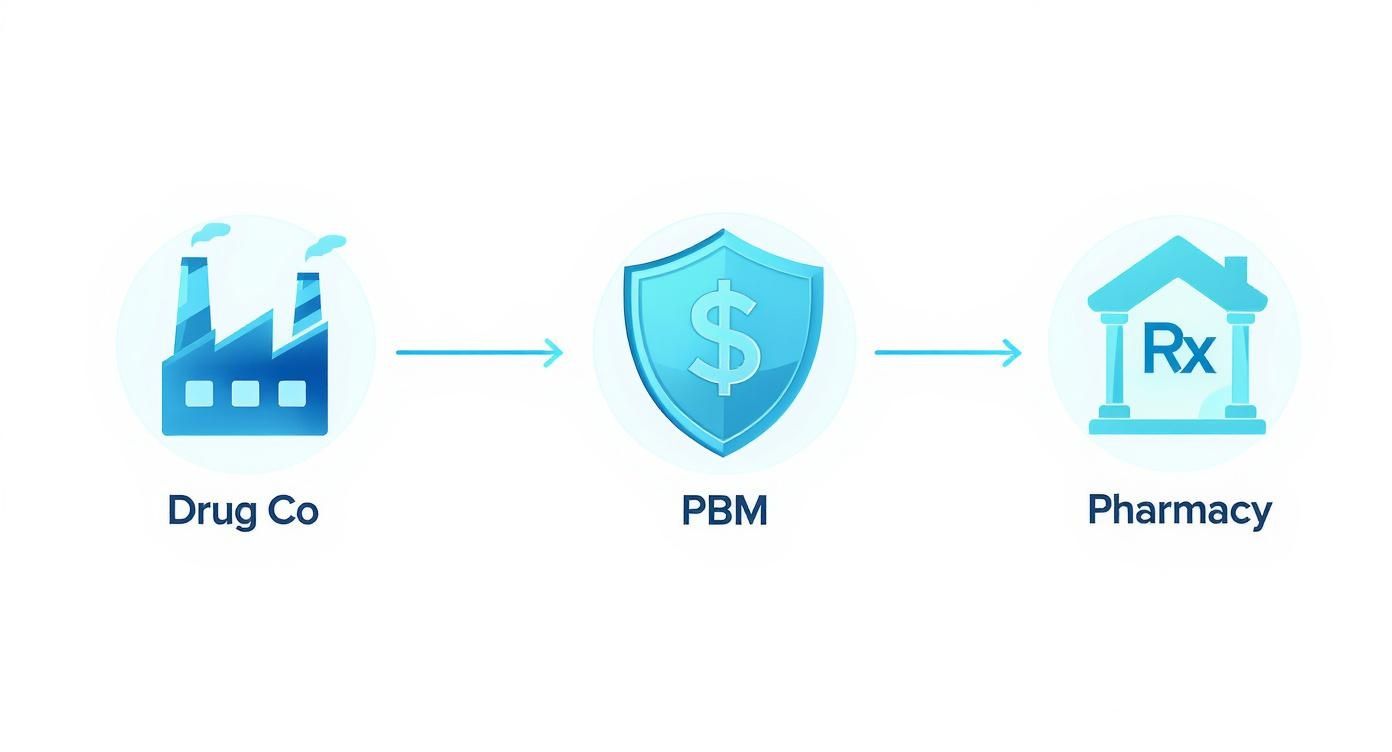 Flow chart illustrating the drug supply chain: Drug Co (factory) to PBM (dollar shield) to Pharmacy (Rx building).