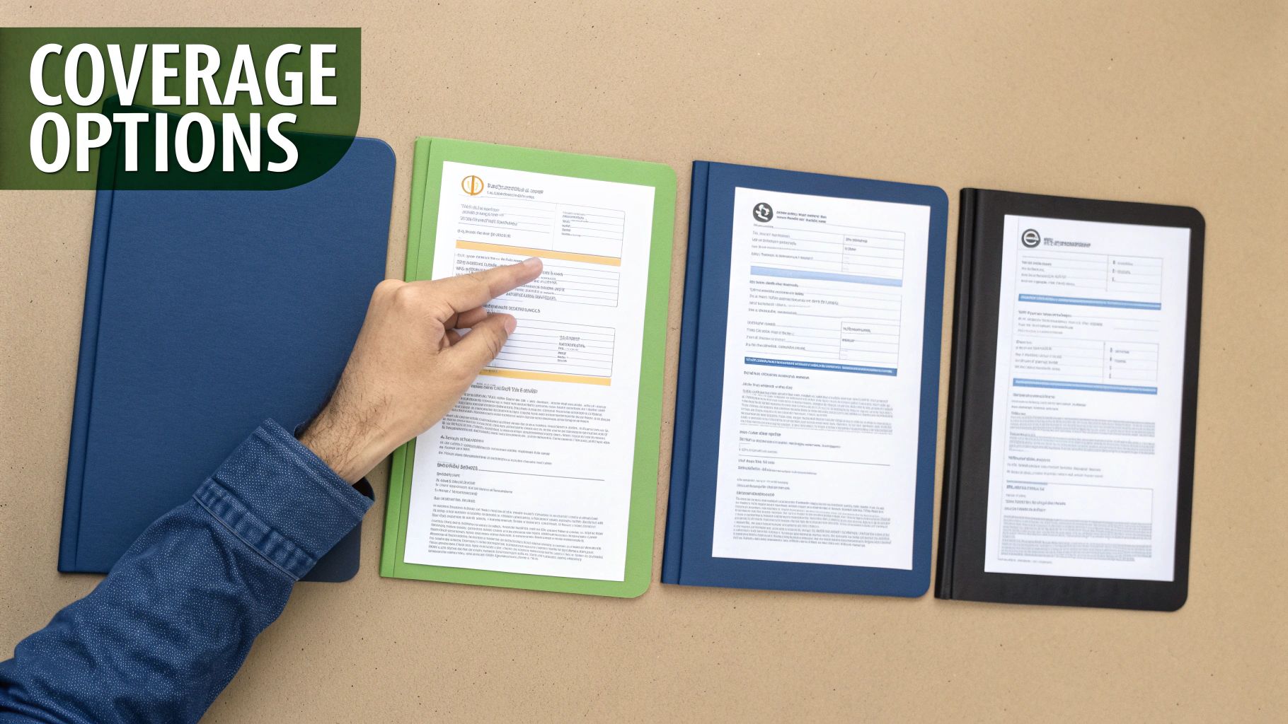 A hand points to documents within folders, with prominent 'COVERAGE OPTIONS' text on a desk.