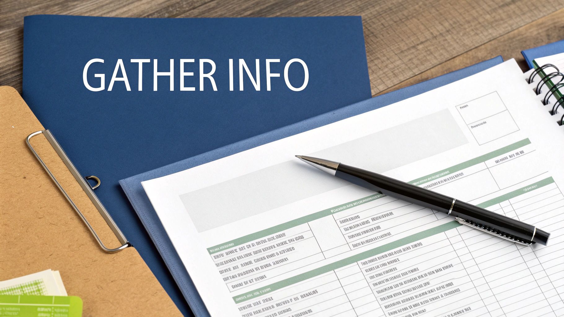 Overhead view of a blue folder with 'GATHER INFO' text, a pen, and documents on a wooden desk.