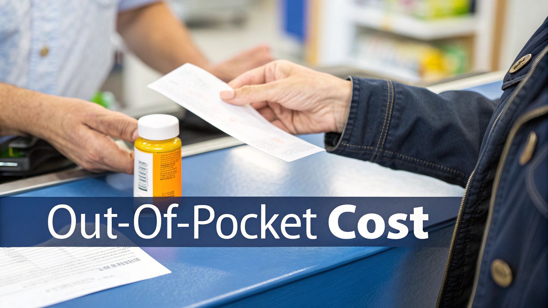 A customer receives a prescription medication bottle and a payment receipt from a pharmacy technician, indicating an out-of-pocket cost.
