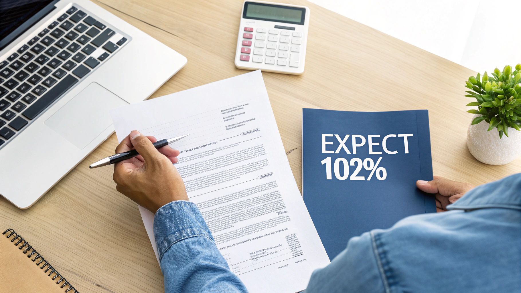 A person reviewing financial documents at a desk with a laptop, calculator, and a folder displaying 'EXPECT 102%'.