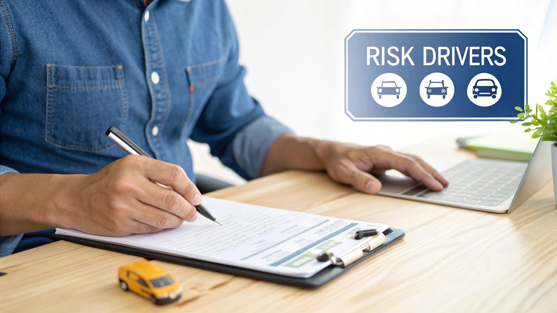 A person calculates risk factors for car insurance, writing on a document while using a laptop.