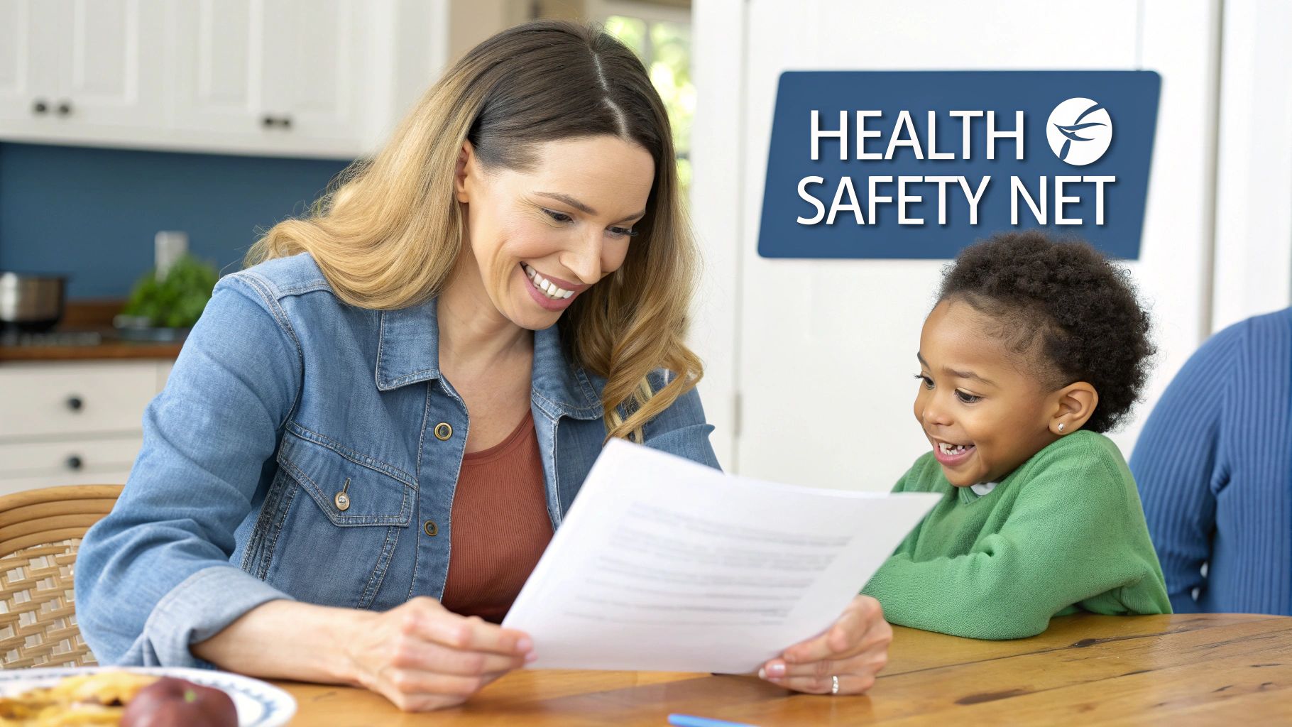 A smiling mother and child look at documents, with 'HEALTH SAFETY NET' visible.