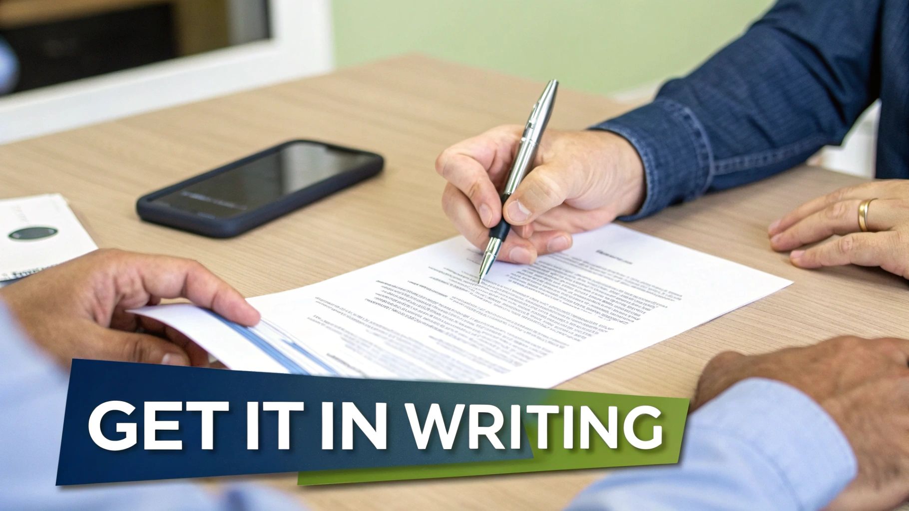 Close-up of hands signing a legal document on a wooden table with a pen, stressing written agreements.