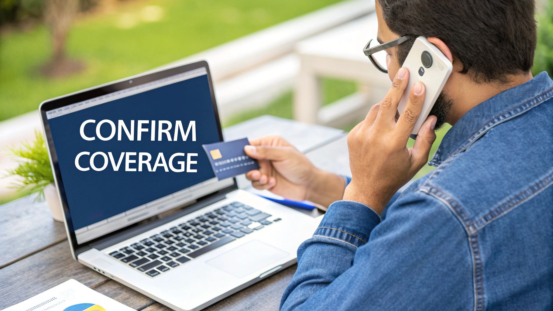 A person on a laptop reviewing insurance policy documents with a magnifying glass.