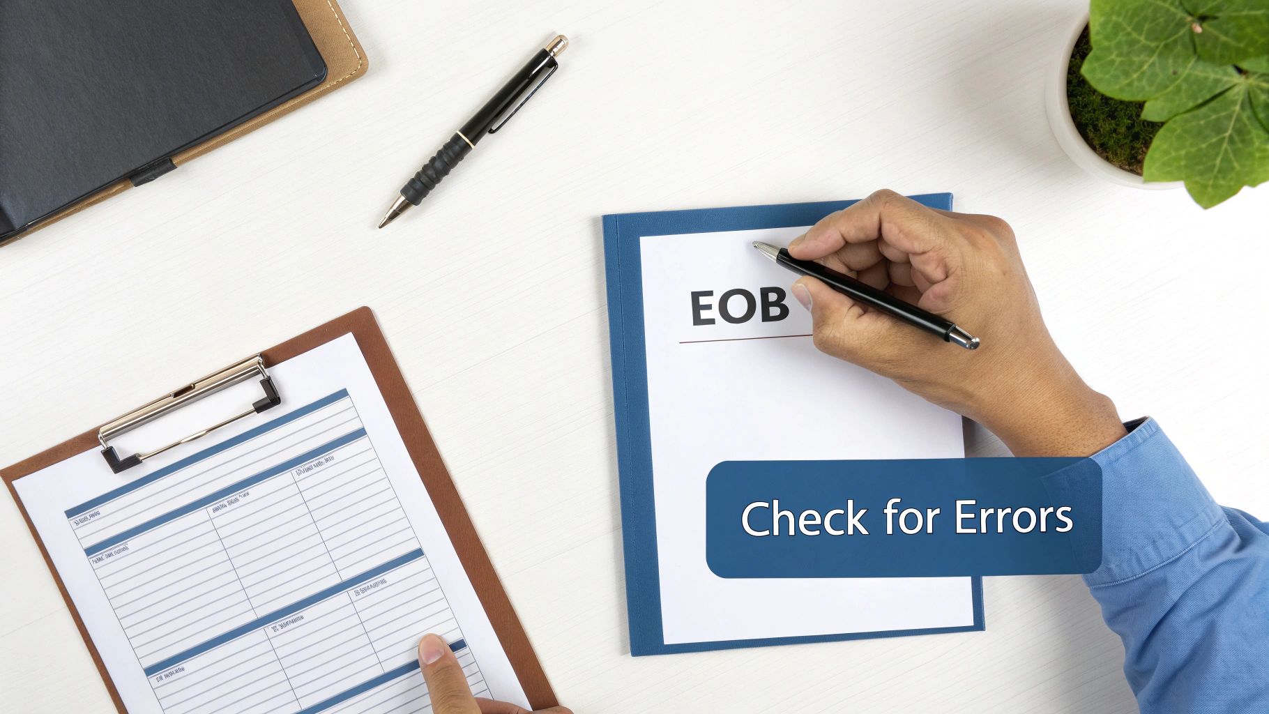 Person's hands reviewing an EOB document for errors, with a pen and clipboard on a white desk.