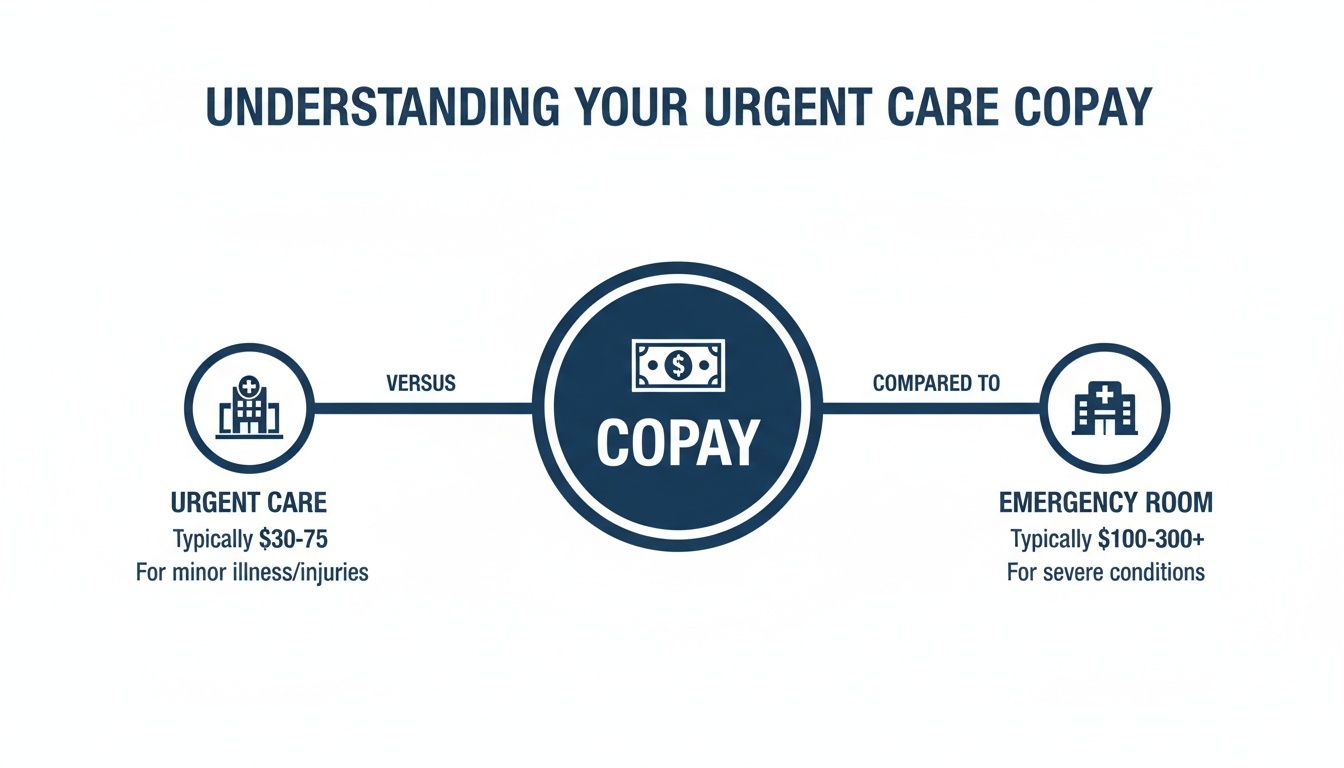 Infographic comparing urgent care ($30-75) versus emergency room ($100-300+) copay costs and uses.