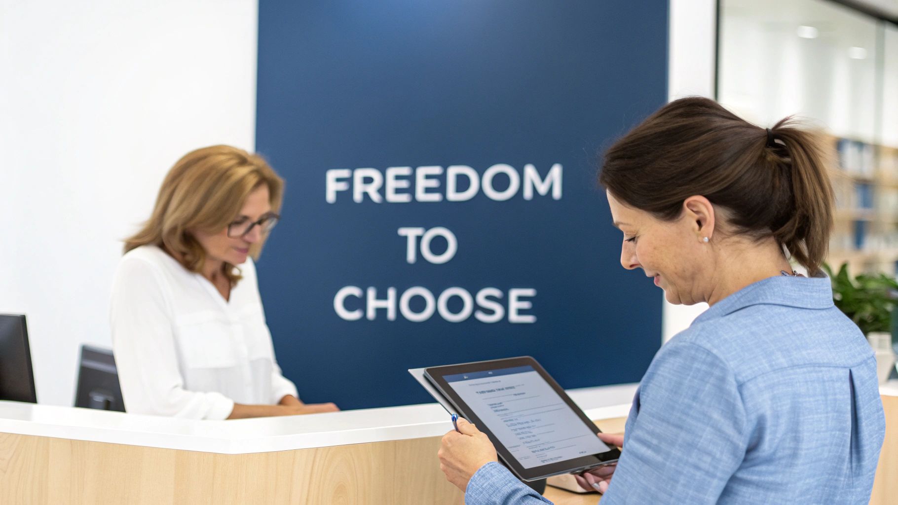 Woman signs on a tablet at a modern office with "FREEDOM TO CHOOSE" on the wall.