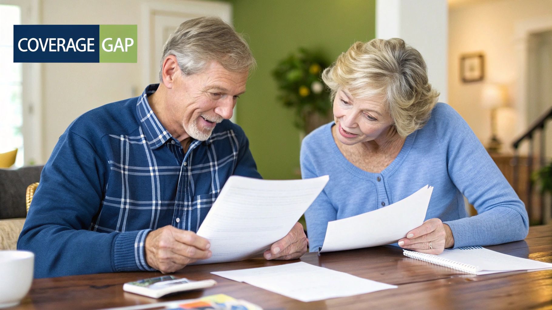 A retired couple planning their healthcare options at a table with a laptop and papers.