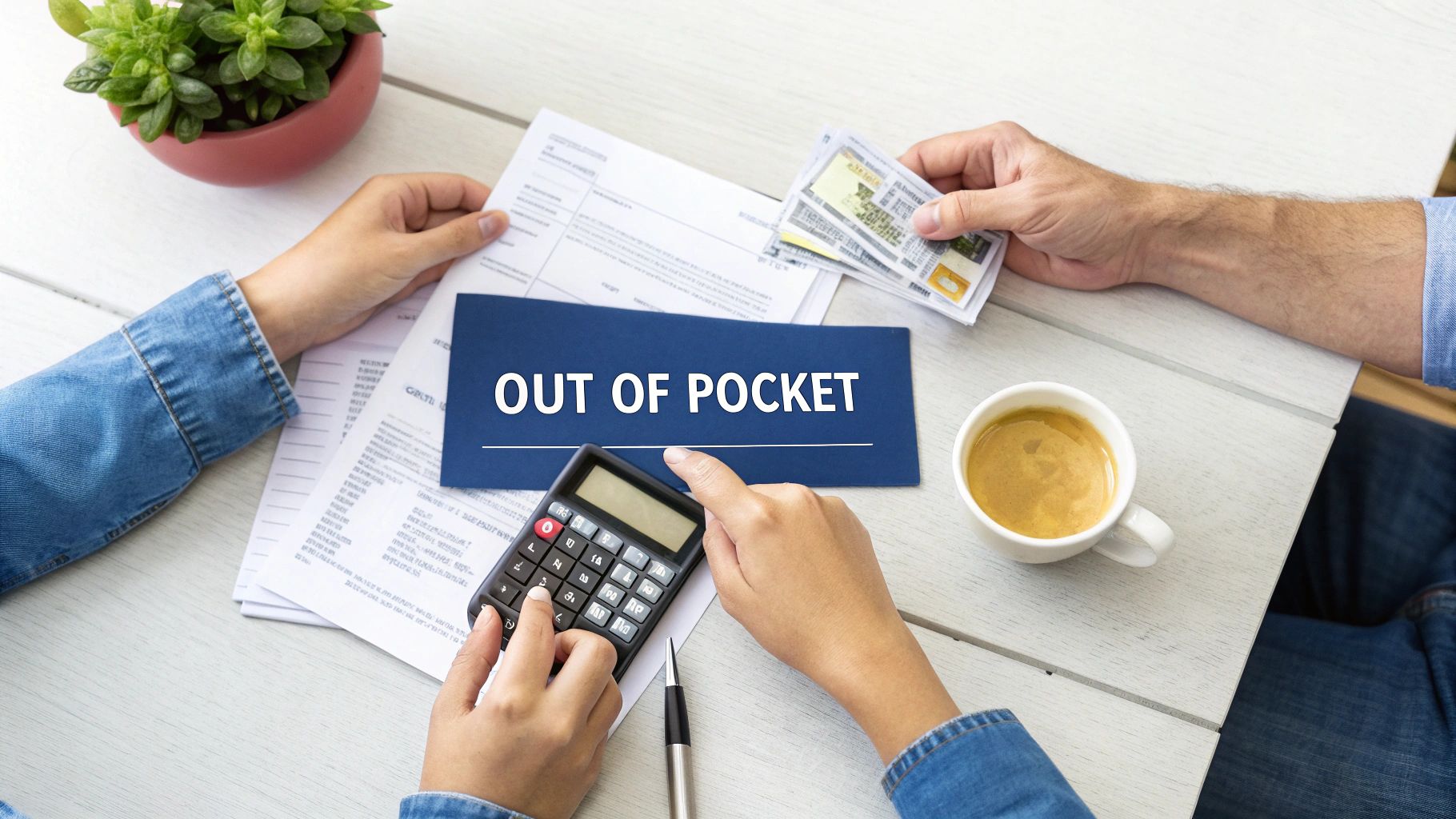 Hands calculating expenses with a calculator and cash, next to an "OUT OF POCKET" sign.