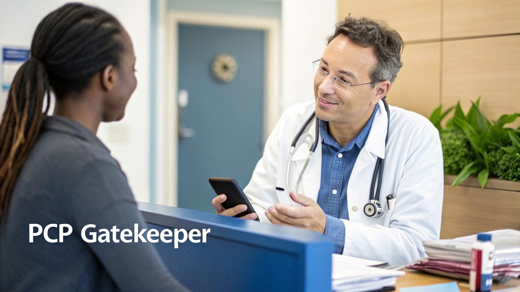 A smiling male doctor in a white coat consults with a female patient at a clinic.