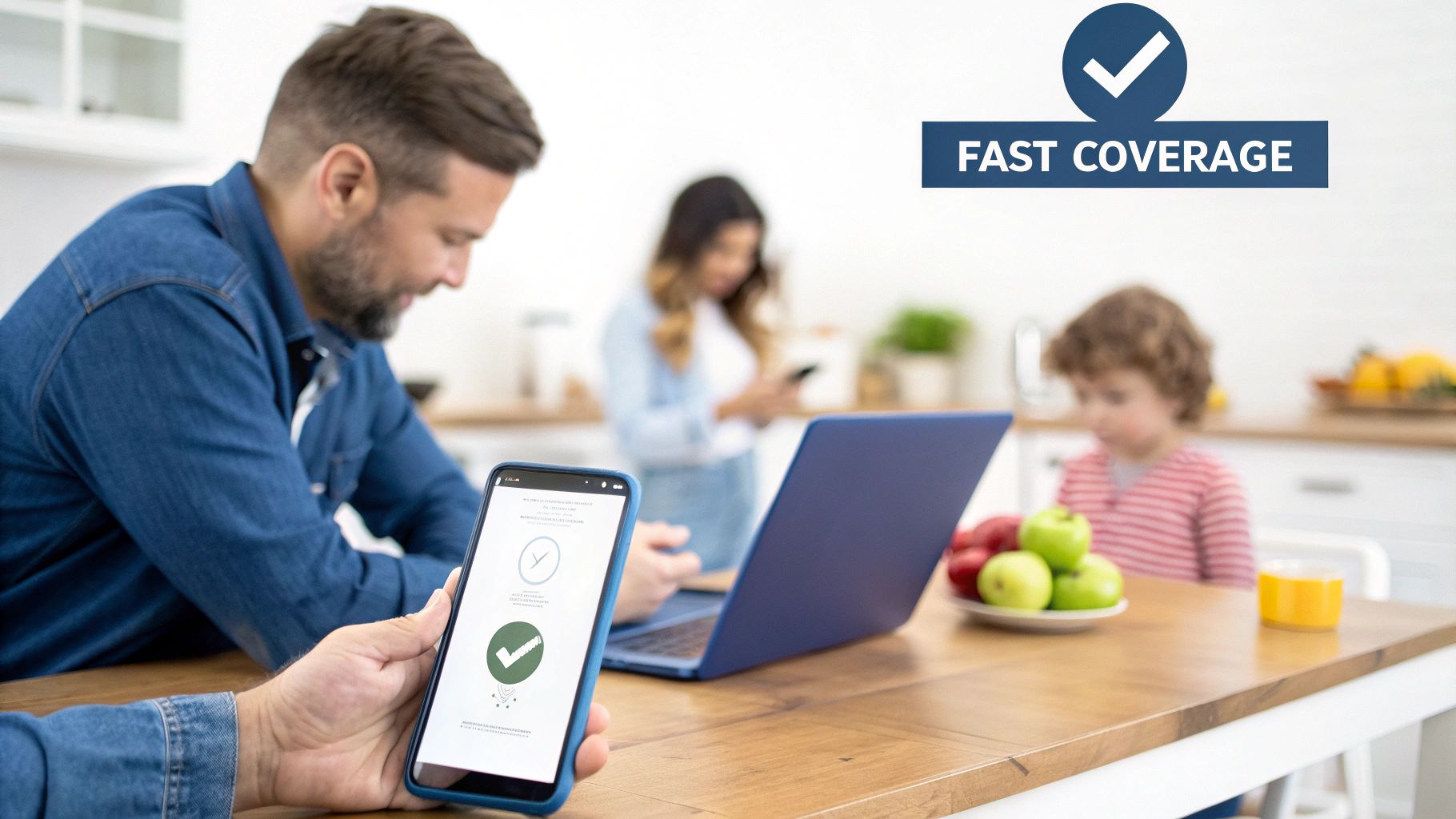Man holding smartphone with a green checkmark icon, indicating fast coverage in a modern home.