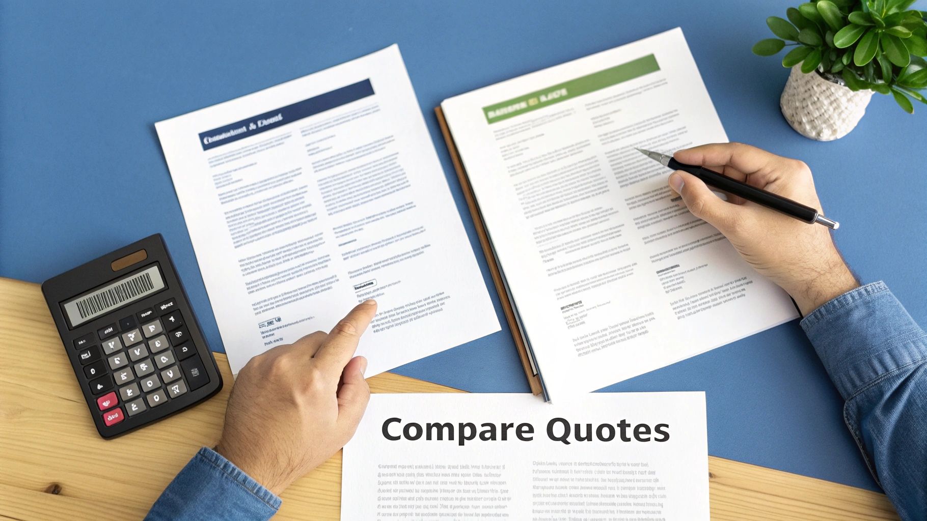 A person comparing life insurance quotes on printed documents with a calculator on a desk.