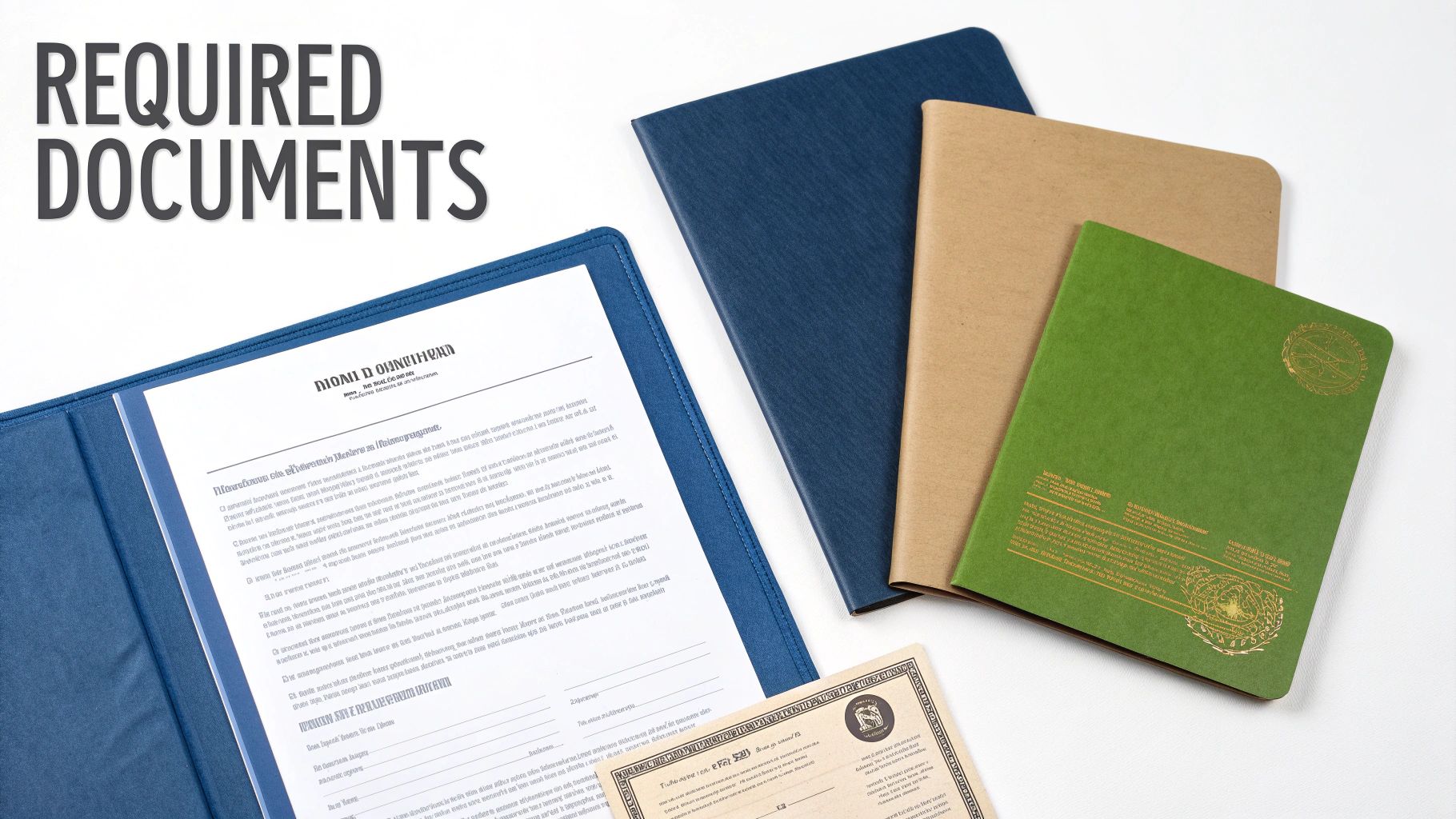 A top-down view of various folders, notebooks, and documents, with 'REQUIRED DOCUMENTS' text.