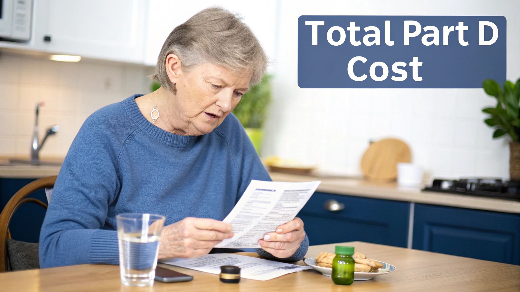An older woman reviews documents about drug costs at a kitchen table, next to a pill bottle and cookies.