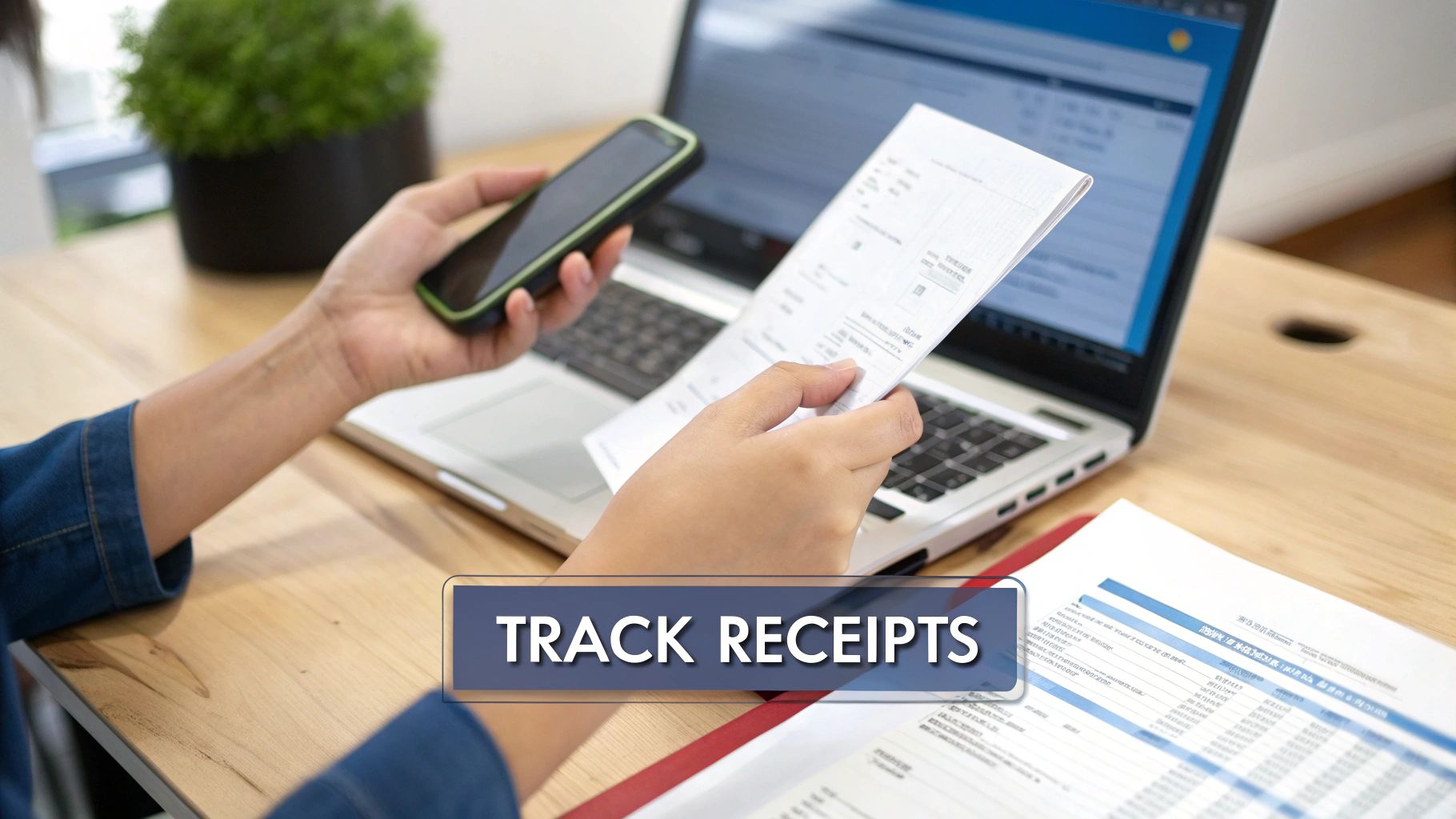 Person tracking medical receipts on laptop and phone for health savings account expense documentation