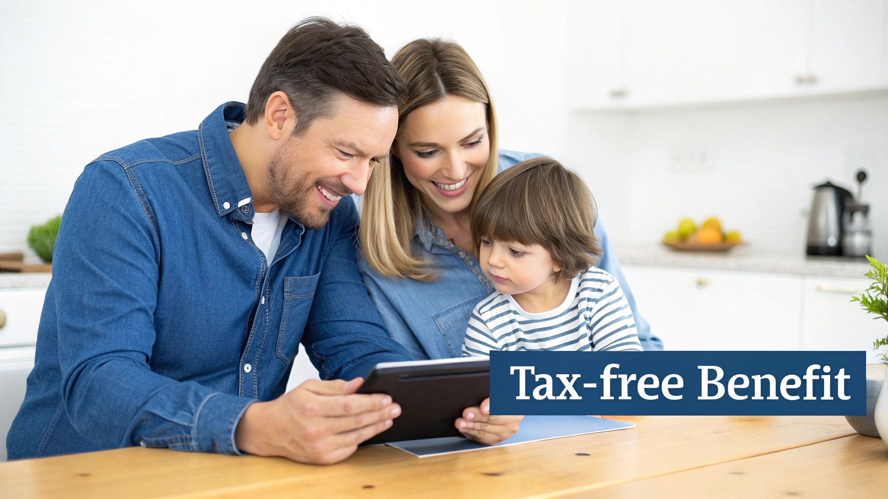 Smiling parents and their young child bond while looking at a digital tablet in a bright home.