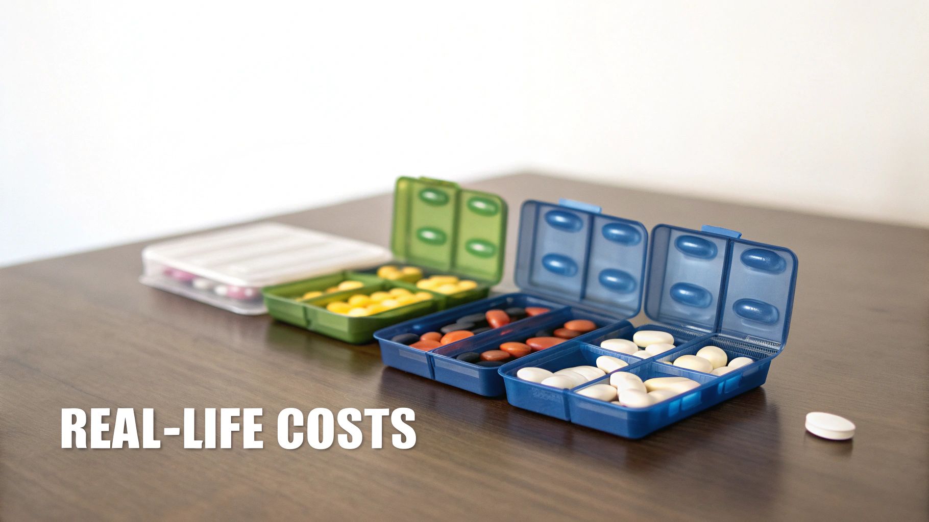Four pill organizers filled with colorful pills and one loose pill on a wooden table.