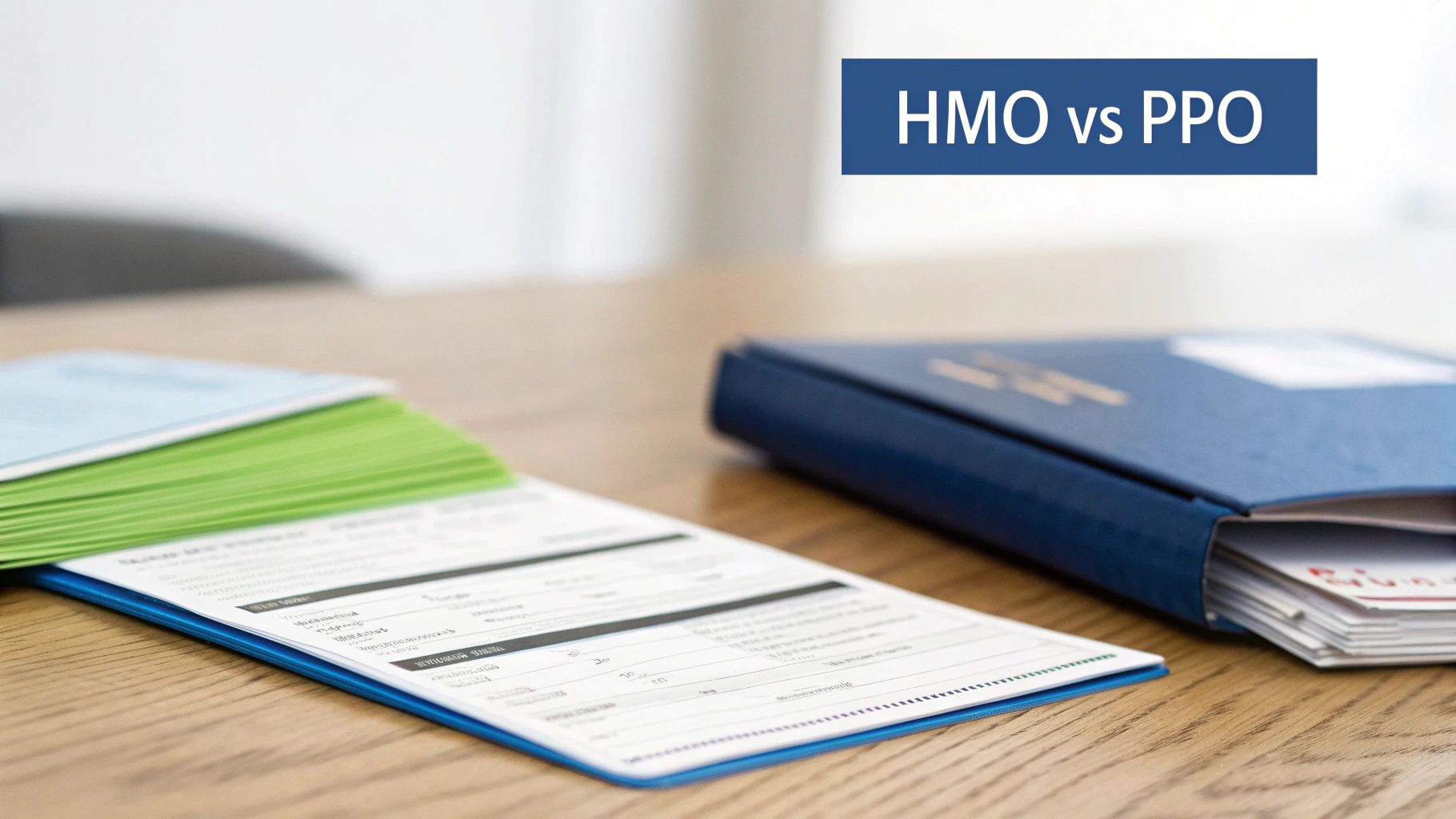 A wooden table with various documents and a blue folder, featuring a 'HMO vs PPO' overlay for health insurance comparison.