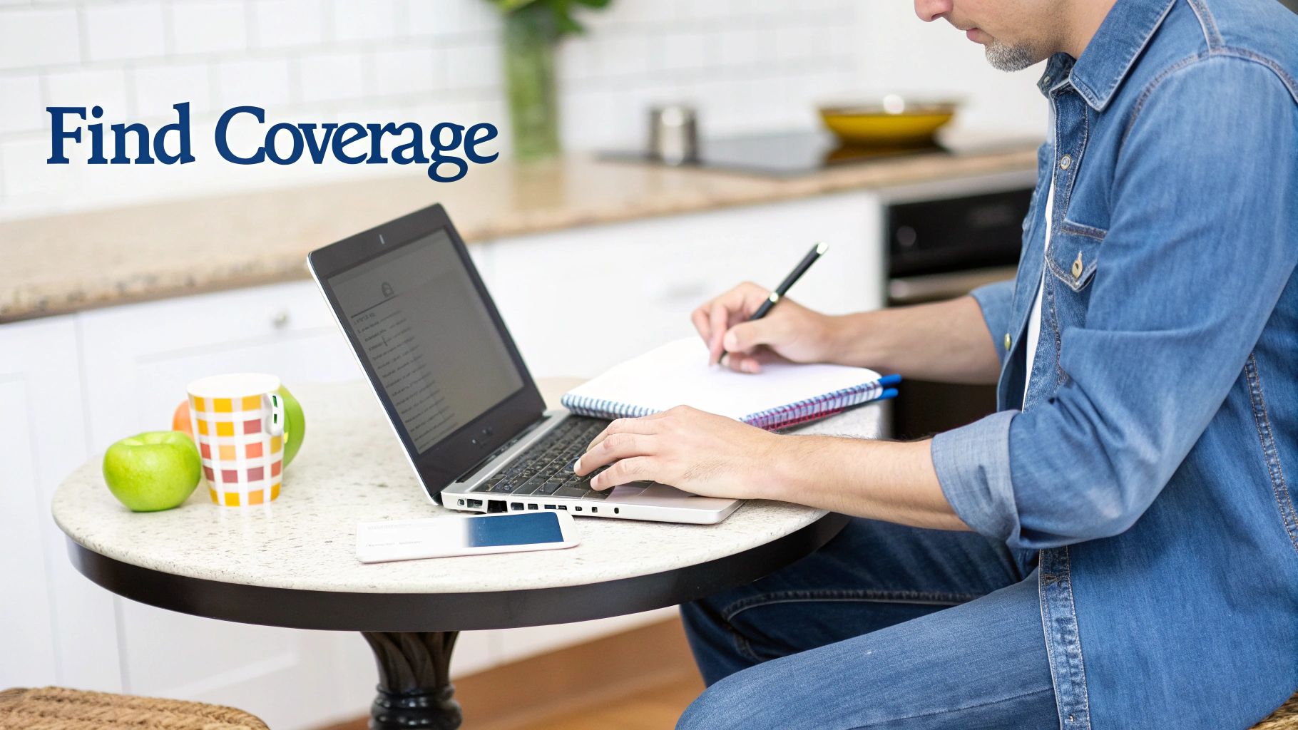 Man researching health insurance on a laptop and writing notes at a kitchen table with apples.