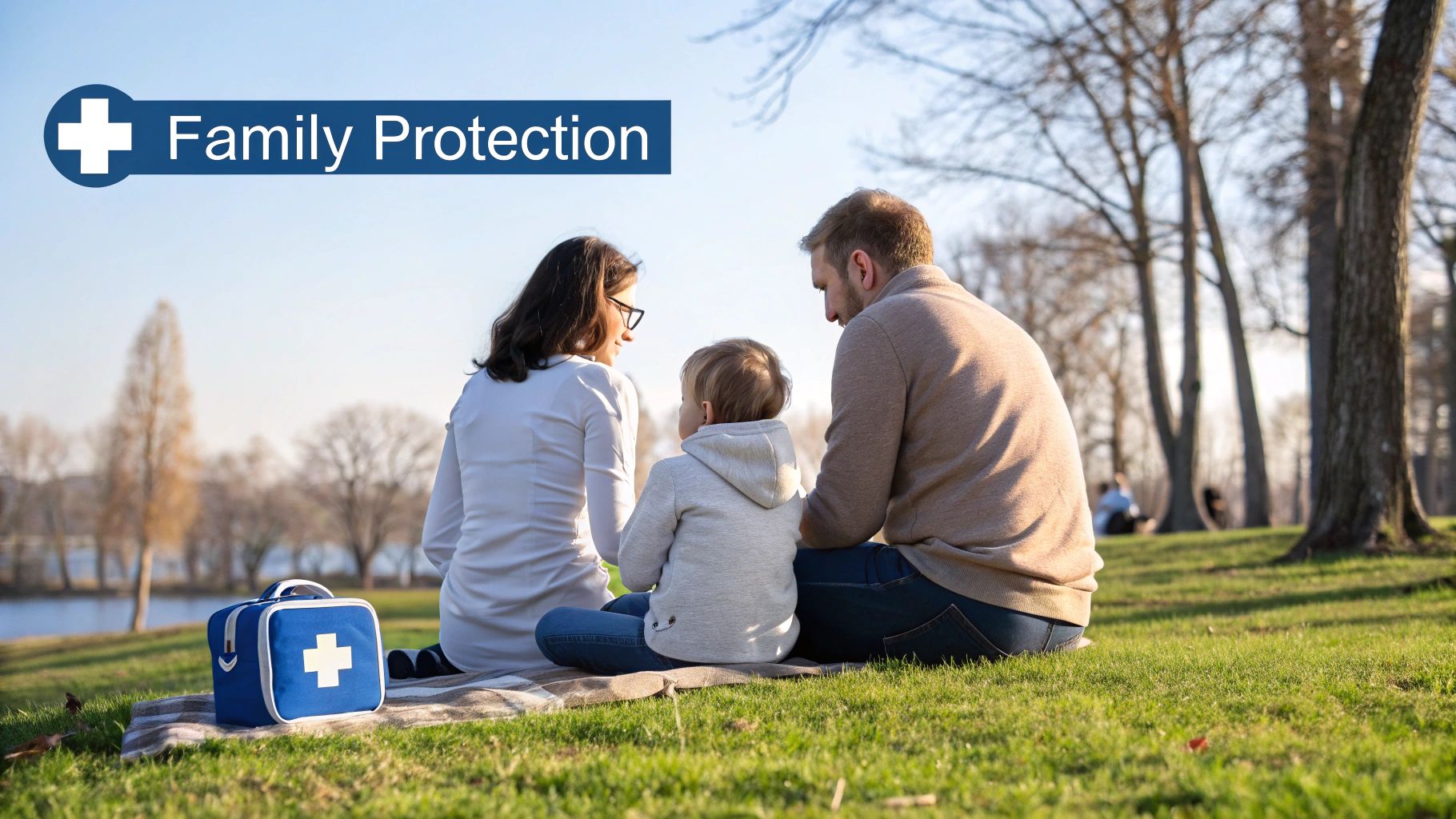 A smiling young family walking together in a park, representing the protection offered by health benefits.