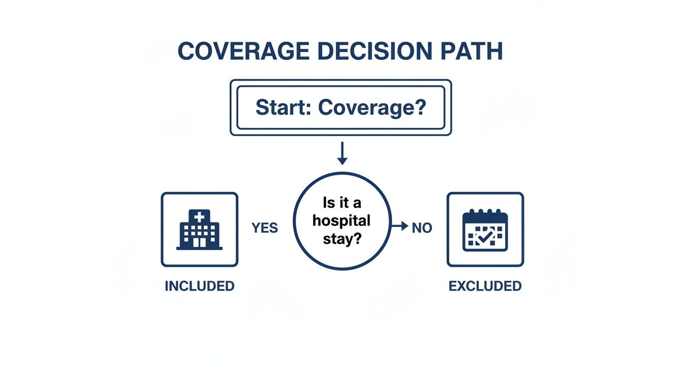 Decision path flowchart for health coverage, determining inclusion or exclusion based on hospital stays.