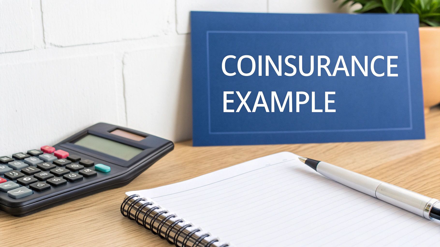 A calculator and a stethoscope on a blue background, representing the calculation of health insurance costs.