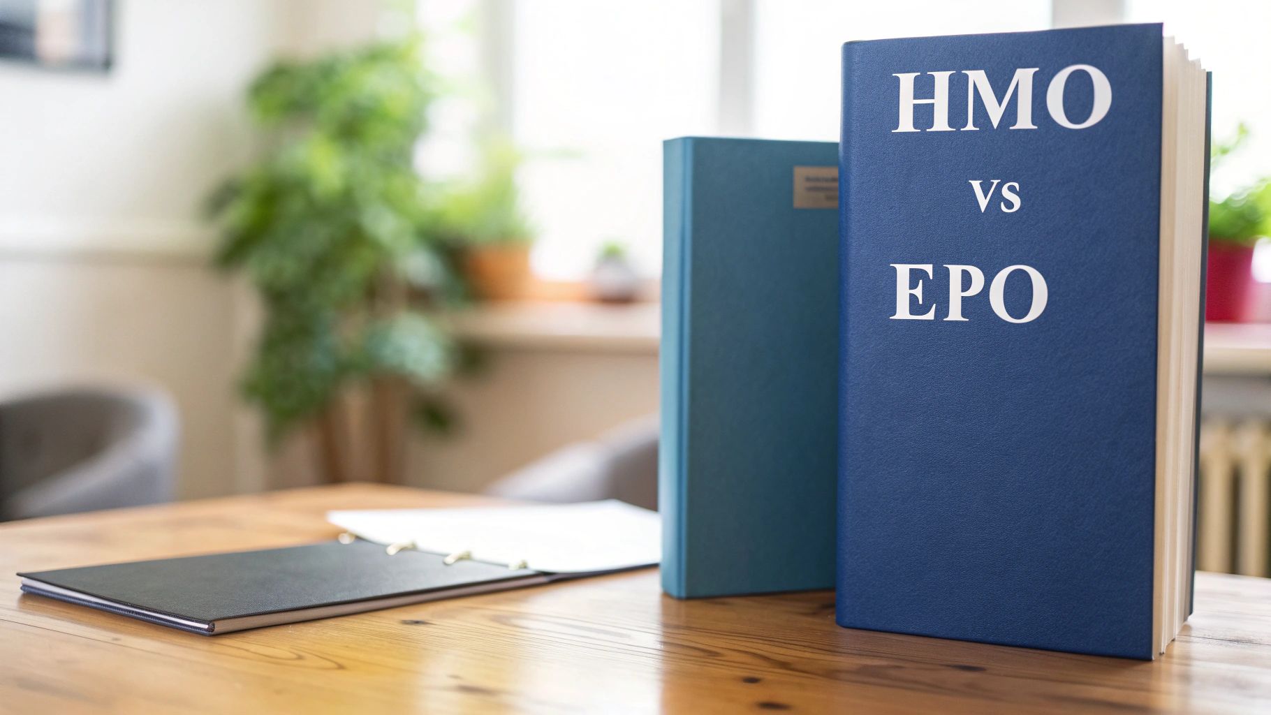A blue book titled 'HMO vs EPO' stands prominently on a wooden desk with another book.