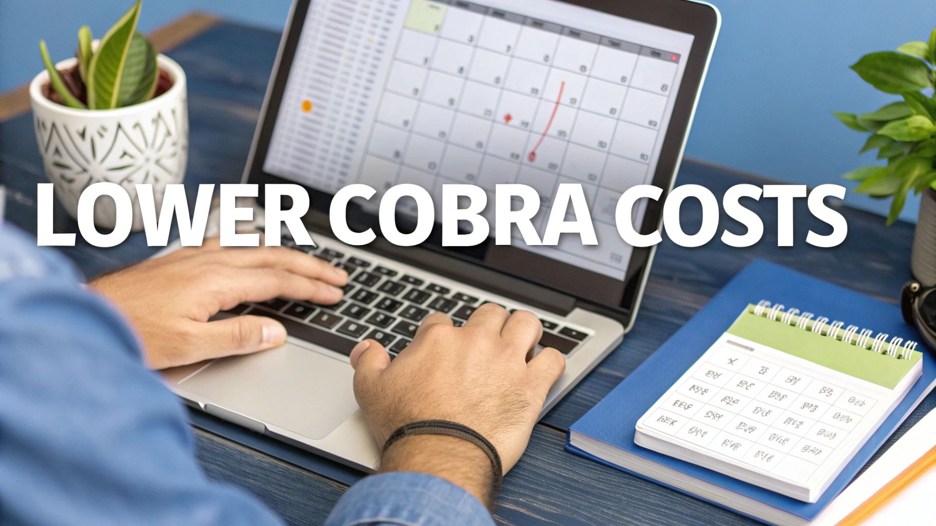 A person uses a laptop displaying a calendar and the prominent text 'LOWER COBRA COSTS' on a desk.