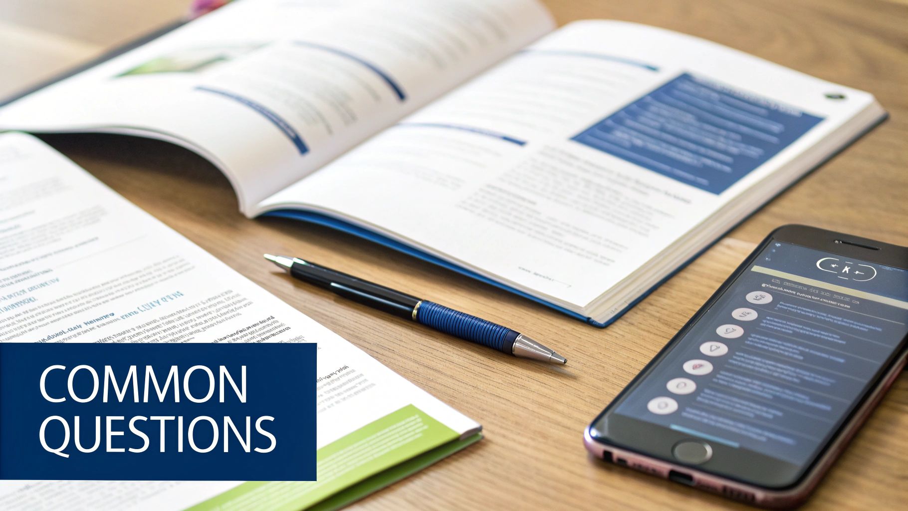 A professional workspace with an open book, a pen, a smartphone, and documents on a wooden desk.