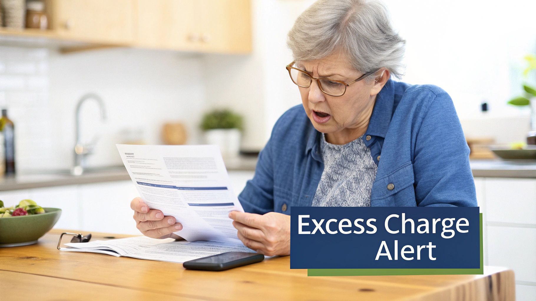 A person looking at a medical bill with a concerned expression.