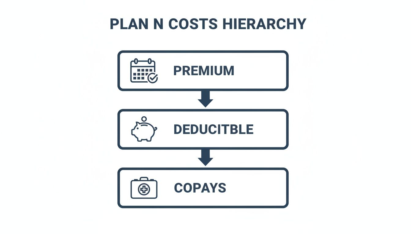 Hierarchy of Medicare Plan N costs showing premium, deductible, and copays with icons.