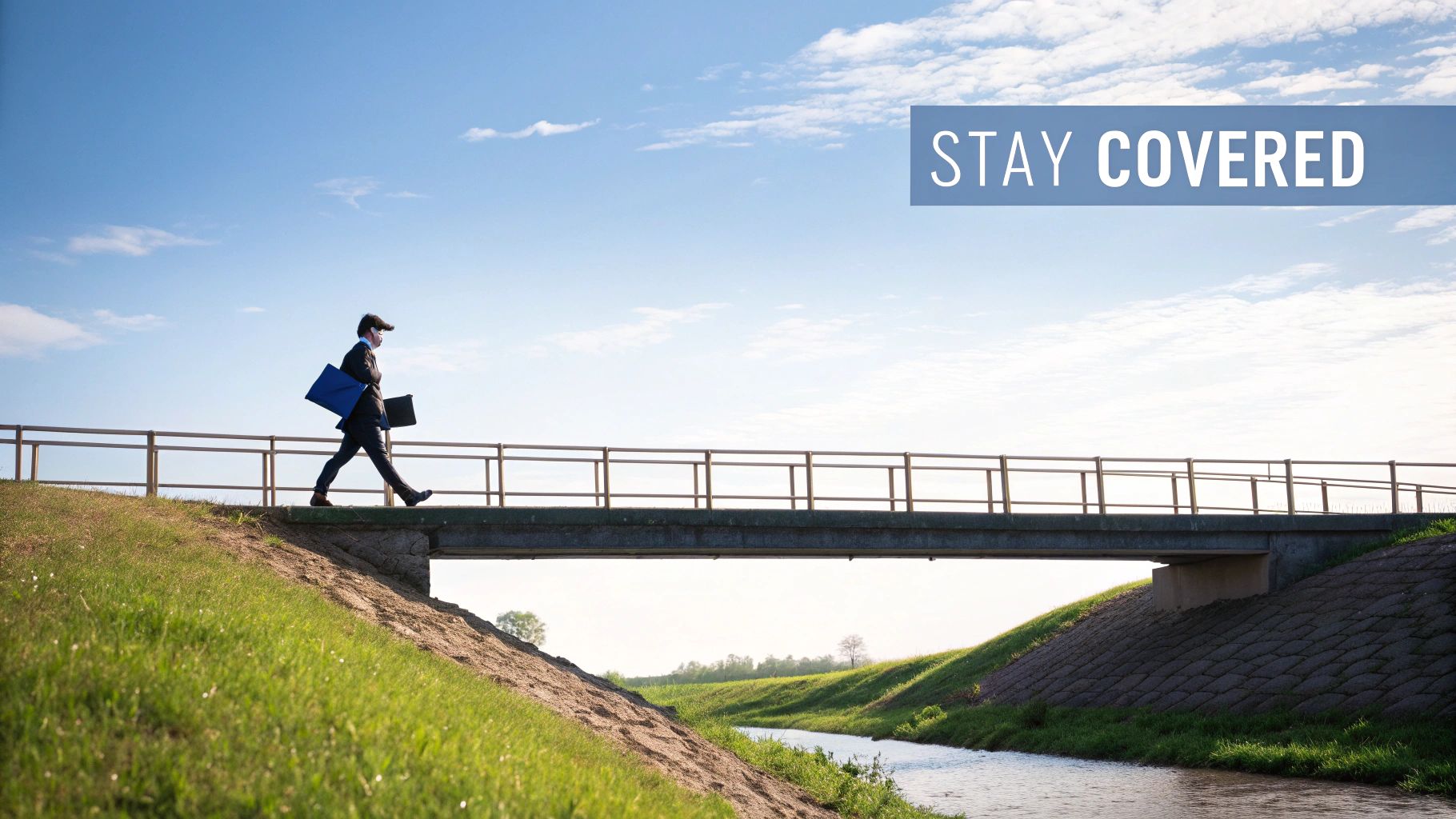 A man in a suit and face mask walks across a bridge over a river, carrying bags.