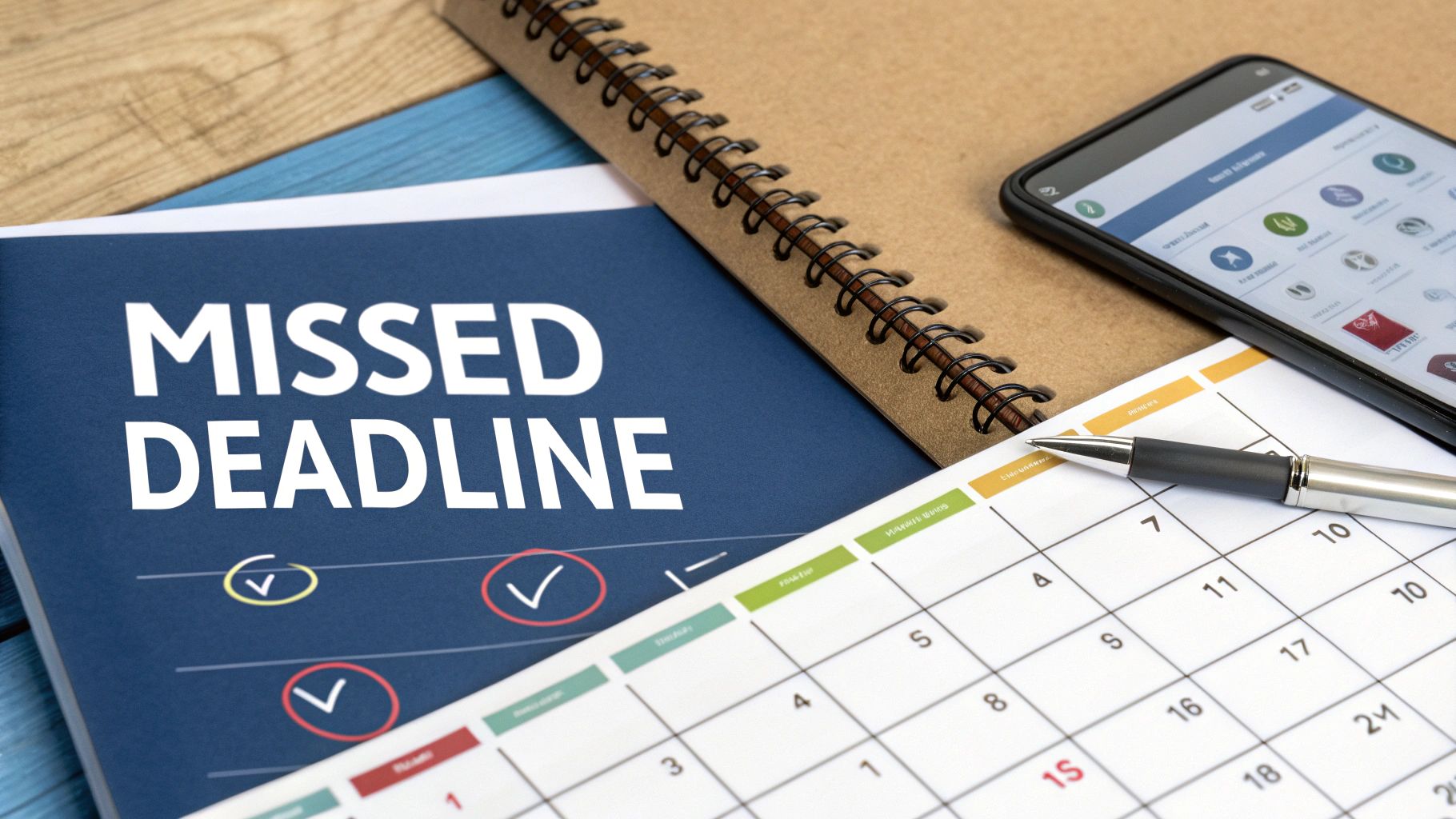A desk scene with a 'MISSED DEADLINE' document, calendar with pen, and a smartphone.
