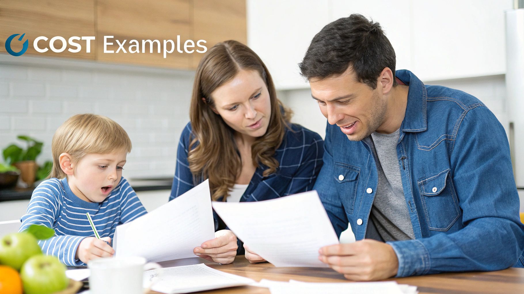 Family reviewing term life insurance costs and documents together at kitchen table